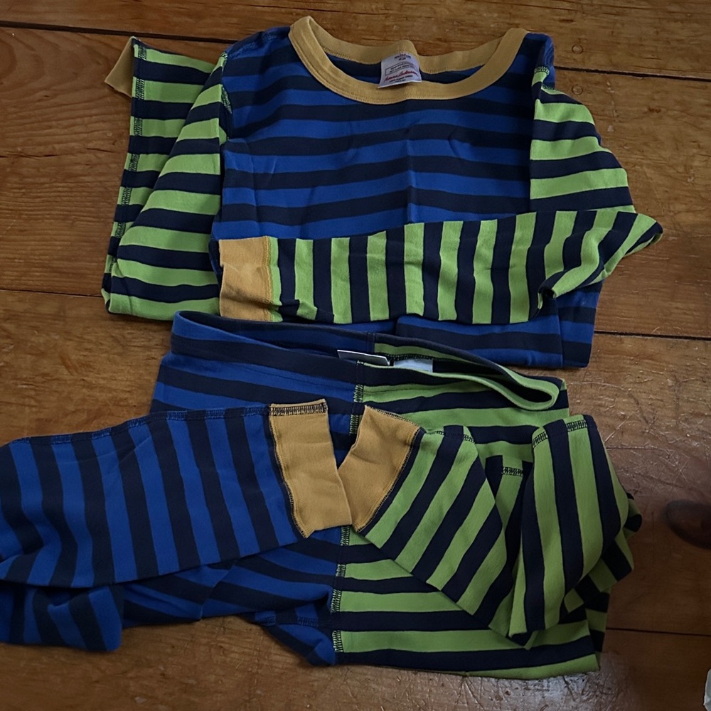 Hanna Andersson Blue and Green Contrast Striped Kids Pajama Set Sz 160